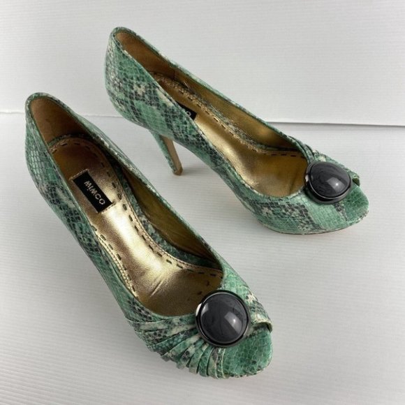 Women's Mimco Size 37 Green Reptile Print Peep Toe Stiletto High Heel Shoes - Picture 8 of 10